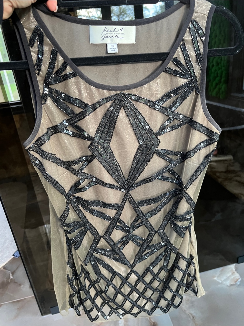Badgley Mischka Nude Mesh Dress with Black Sequin Geometric Embellishment